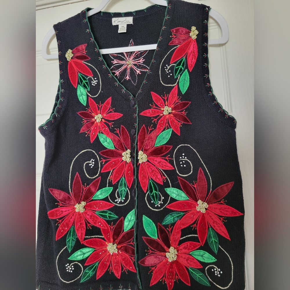Kim Rogers Christmas Velour Poinsettia Black Beaded  Button-Up Sweater Vest PM